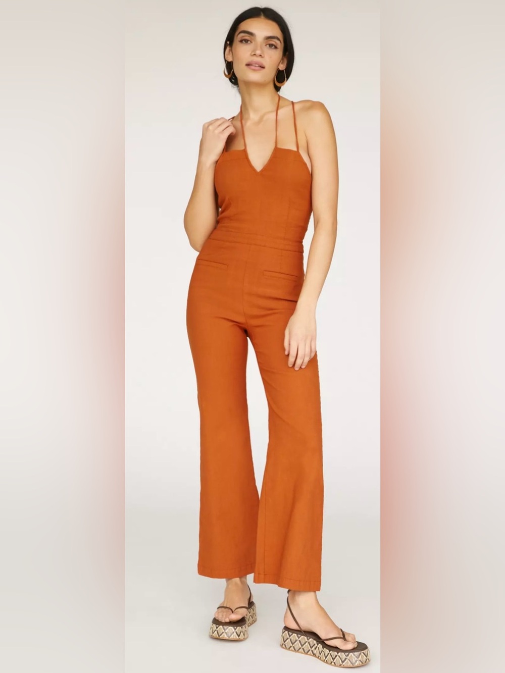 Anthropologie Maeve Colette Jumpsuit Rust Orange Strappy Open Back Wide Leg 4